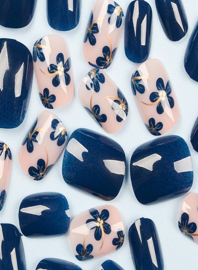 GRITOSE 24pcs Blue Press on Nail Short Square Fake Nails Glossy Spring with Floral designs Gold Stripe Stick on Nail Full Cover Acrylic False Nails Reusable Gel Glue on Nails for Women Summer Manicure - Image 3